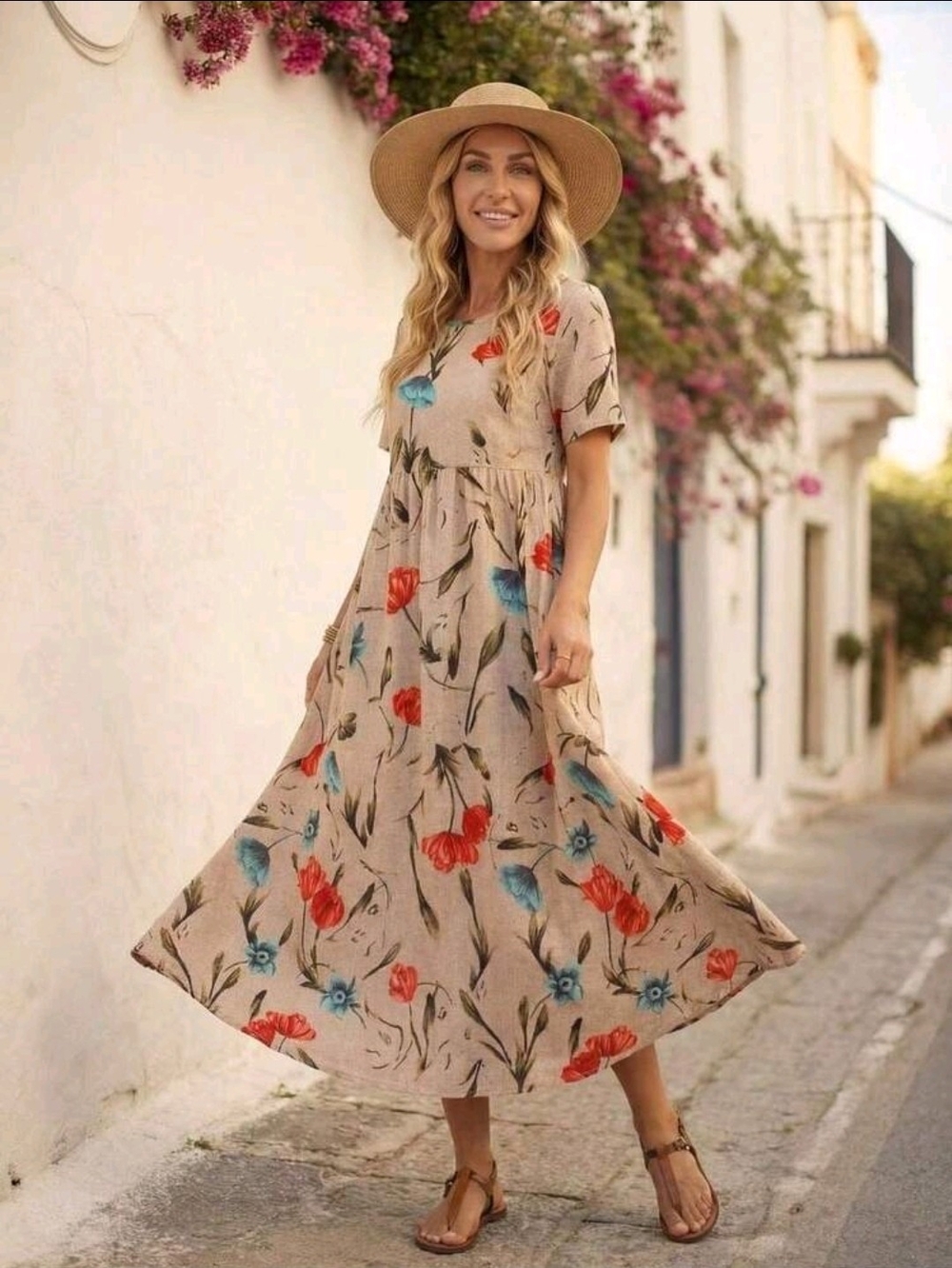 Floral Midi Summer Dress in Beige with Red & Blue Blooms